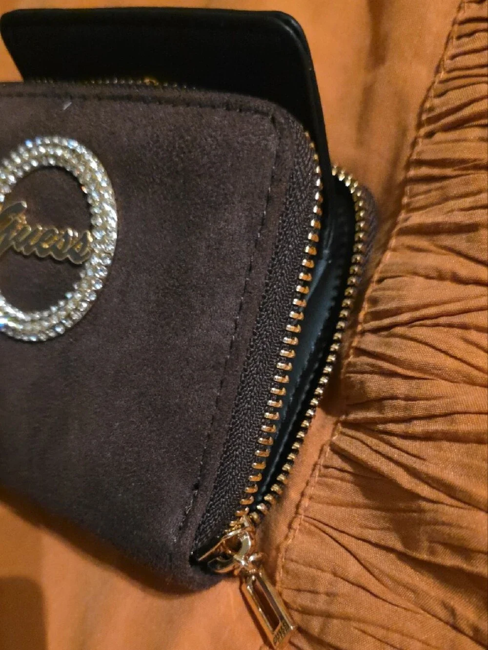 GUESS Black& Brown Suede Wallet with Crystal Logo Emblem